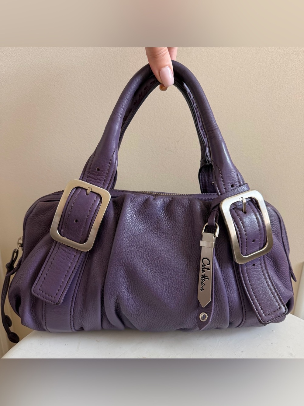 Cole Haan Purple & silver pebbled leather Satchel handbag Purse - Picture 8 of 9
